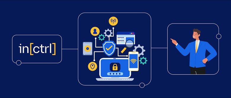 Digital graphics and icons representing IT, security, digital connectivity on a deep blue background with a character point to the center of image