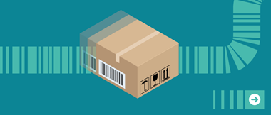 3-D image of a box with a barcode label placed on a teal background with a barcode style path 