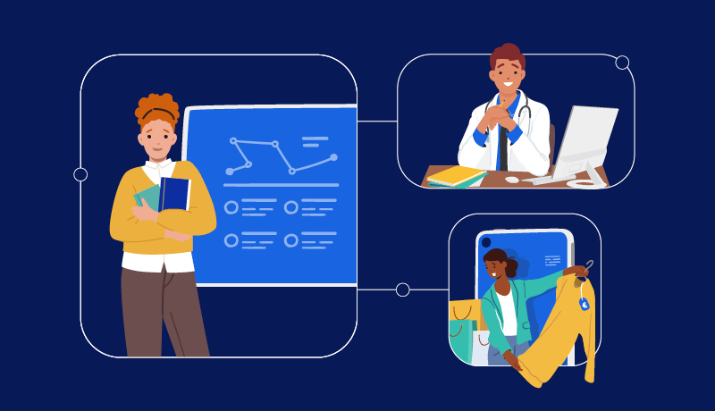 Three illustrations symbolizing the industries at risk for cyber security threats and crime: education, healthcare, and retail industry