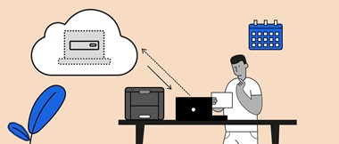 Illustration of a man using a laptop computer while stood at a desk in a home office environment remotely connecting to a VDI desktop