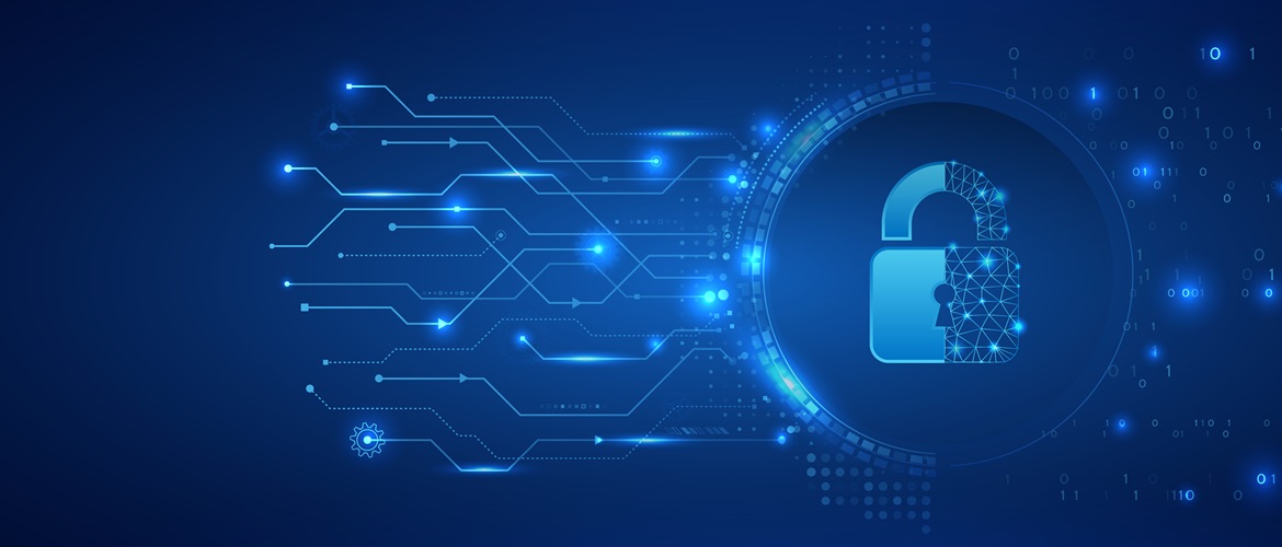 Digital illustration of an unlocked padlock with a circuit board pattern on a blue background, symbolising cybersecurity