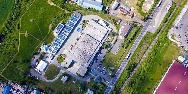 Aerial photo of Brother factory with solar panels on the roof