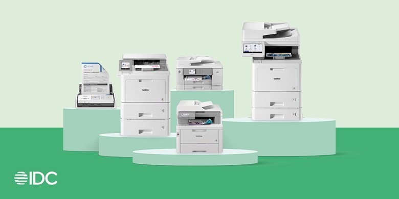 Several printers on podiums with an IDC logo on a green coloured background